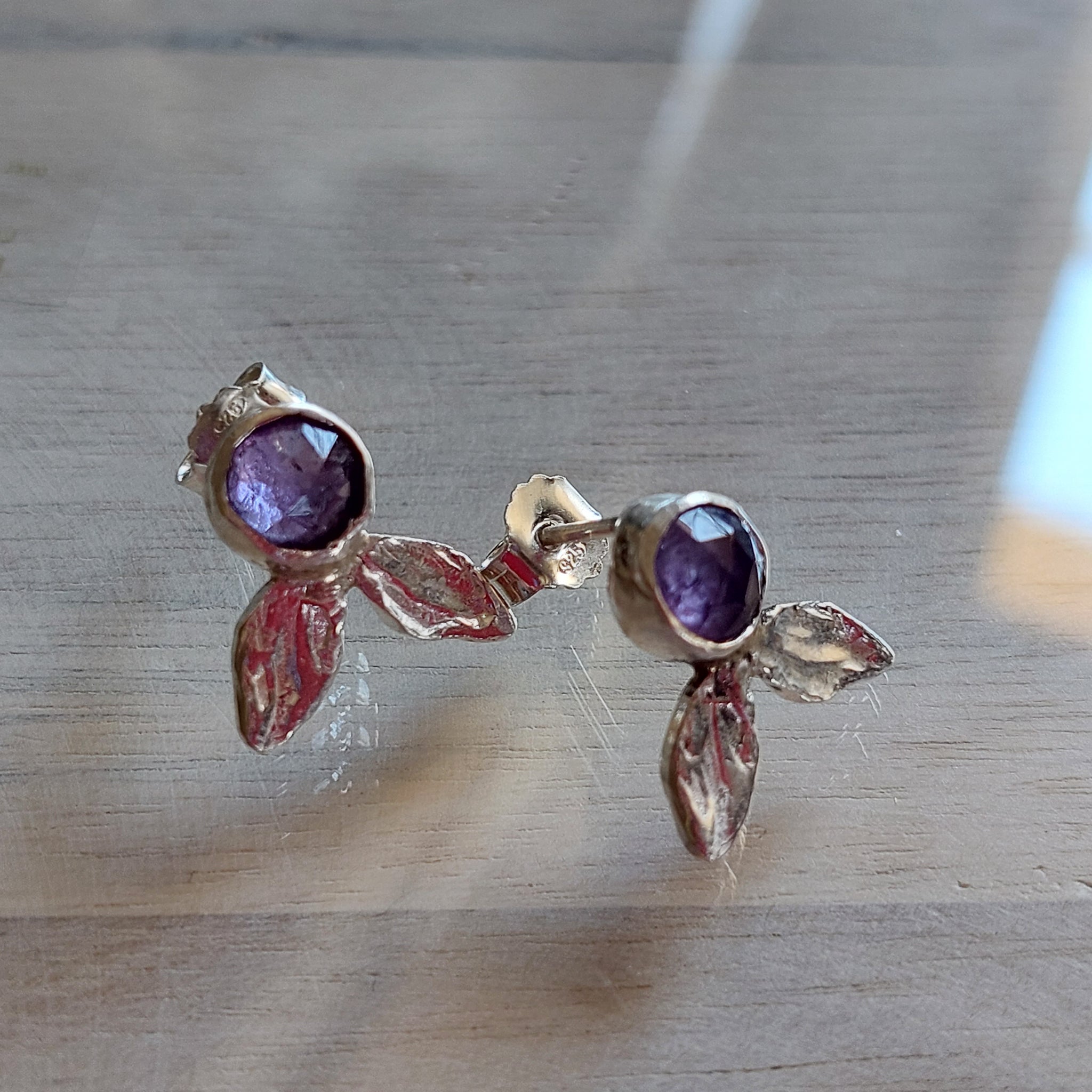 Amethyst Silver Leaf Stud Earrings