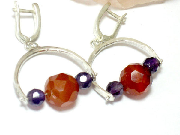 Silver Carnelian and Amethyst Dangle Earrings