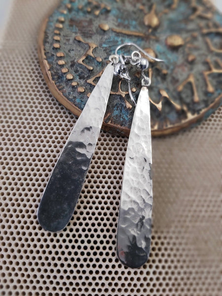 Long Hammered Silver Drop Earrings