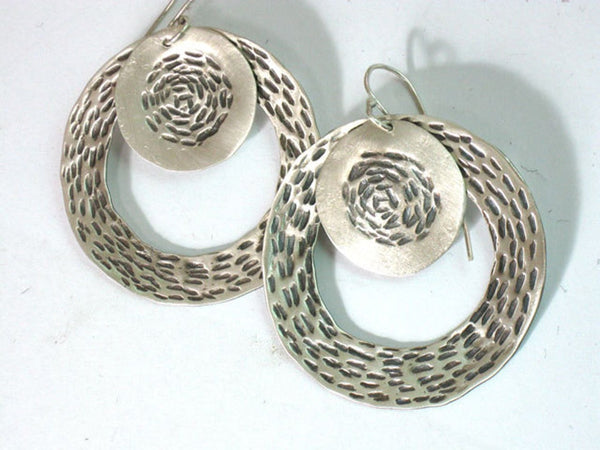 Large Round Sterling Textured Dangle Loop Earrings