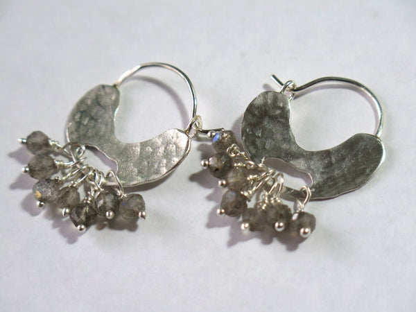 Labradorite Bead Silver Ear Hoops