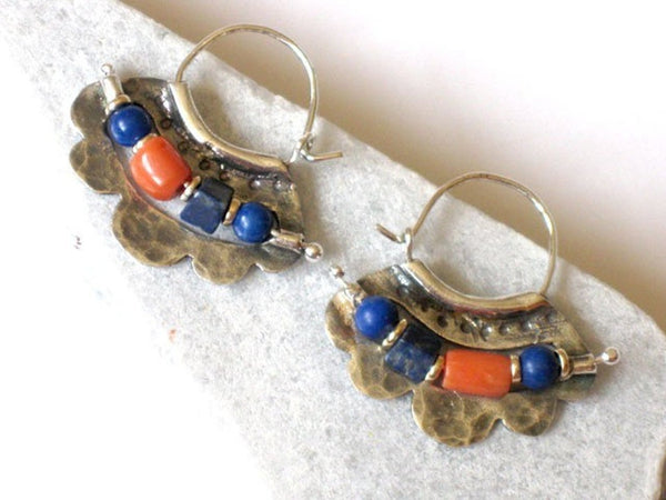 Beaded Sterling Hoops with Lapis Lazuli and Corals.