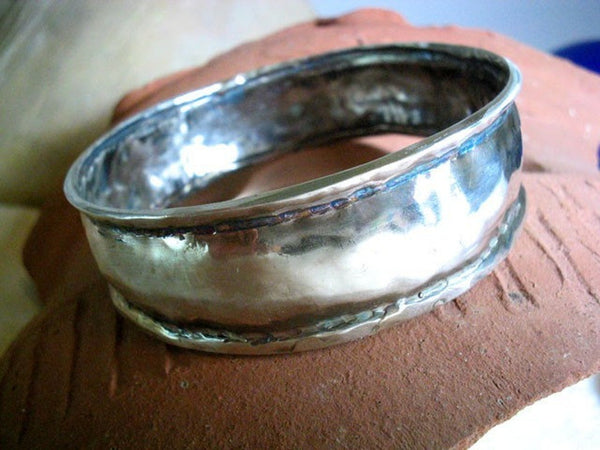 Wide Hammered Solid Silver Bangle