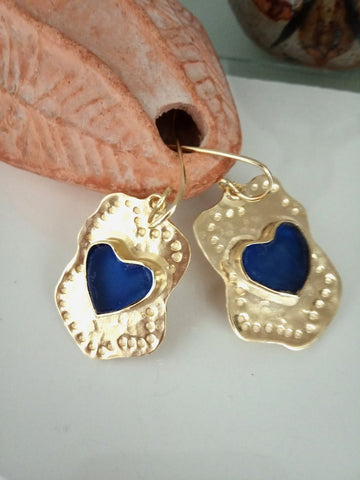 Blue Gold Heart Glass Earrings