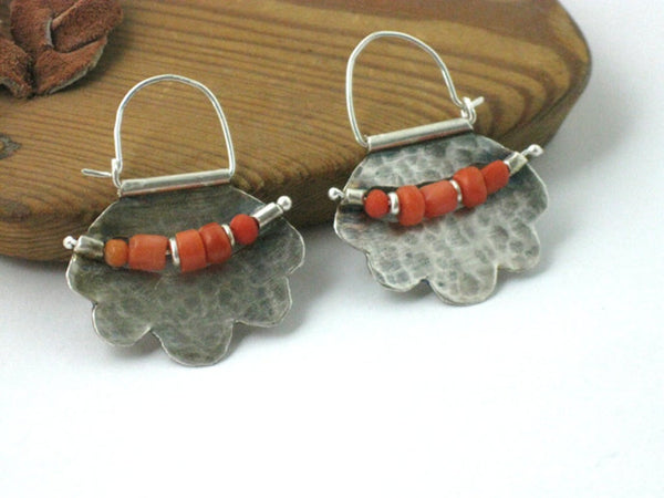 Natural Coral Hammered Silver Earring Hoops.