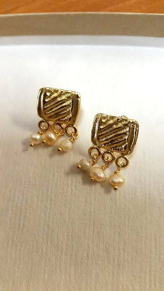 Gold Pearl Stud Dangle Earrings