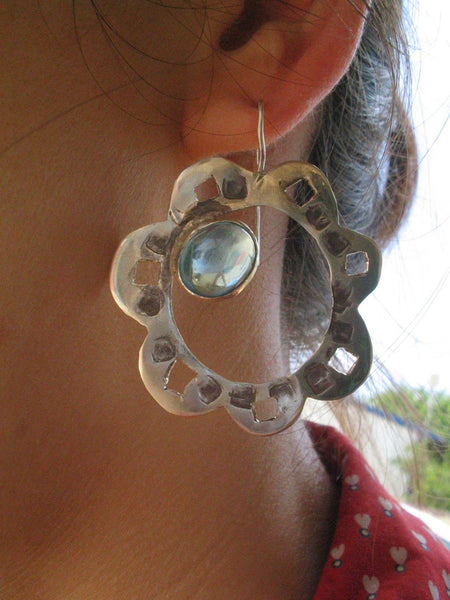 Large Silver Stone Flower Earrings