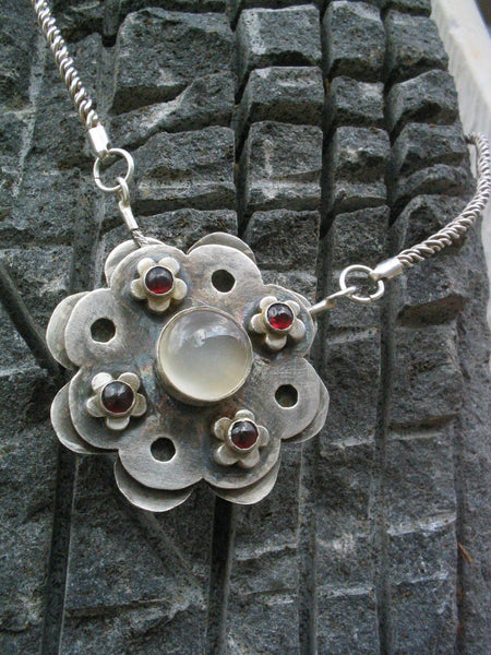 Statement Silver Moonstone and Garnet Pendant