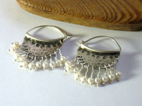 Pearl Sterling Hammered Hoop Earrings