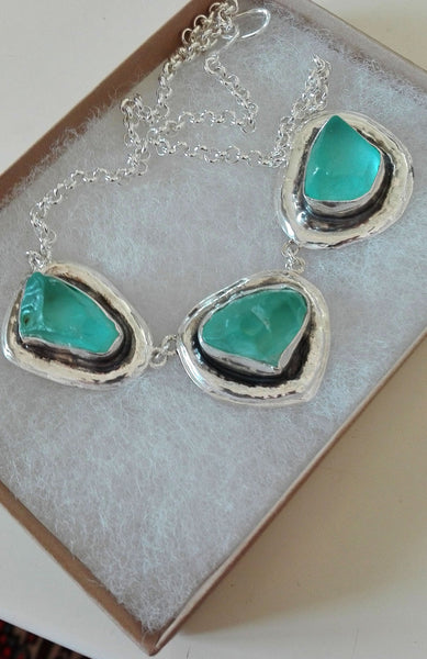 Silver Aqua Blue Sea glass Necklace