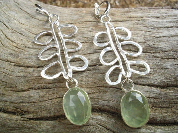 Long Leaf Prehnite Sterling Earrings