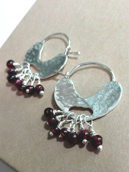 Lovely Silver Garnet Ear Hoops