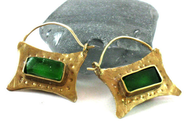 Emerald Green Glass Gold Hoop Earrings