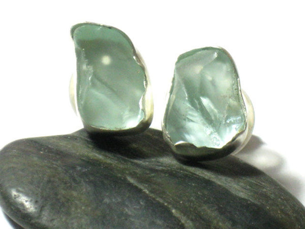 Small Aqua Glass Silver Studs