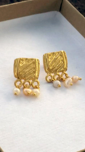 Gold Pearl Stud Dangle Earrings