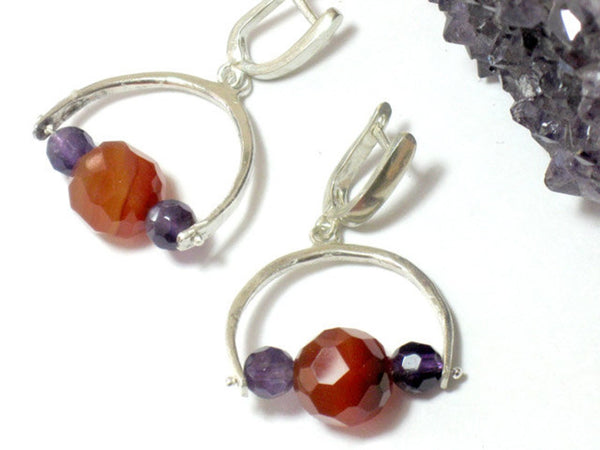 Silver Carnelian and Amethyst Dangle Earrings