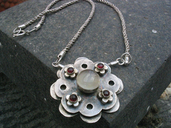 Statement Silver Moonstone and Garnet Pendant