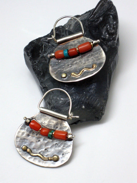 Modern Tribal Silver Gold Coral Hoops