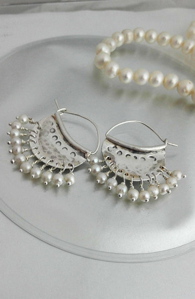 Pearl Sterling Hammered Hoop Earrings