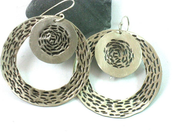 Large Round Sterling Textured Dangle Loop Earrings