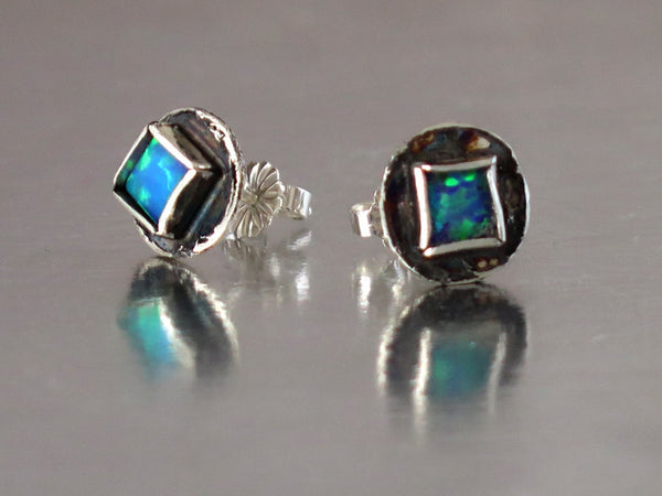 Stud Earrings, Opal Studs, Minimalist Earrings, Opal Sterling Studs, Blue Opal Studs, Square Opal, October Birthstone, Bridal Jewelry,