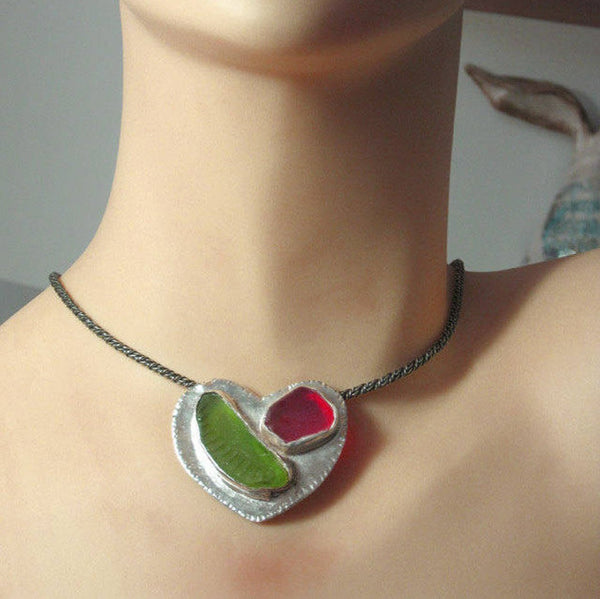 Silver Colorful Glass Statement Heart Necklace