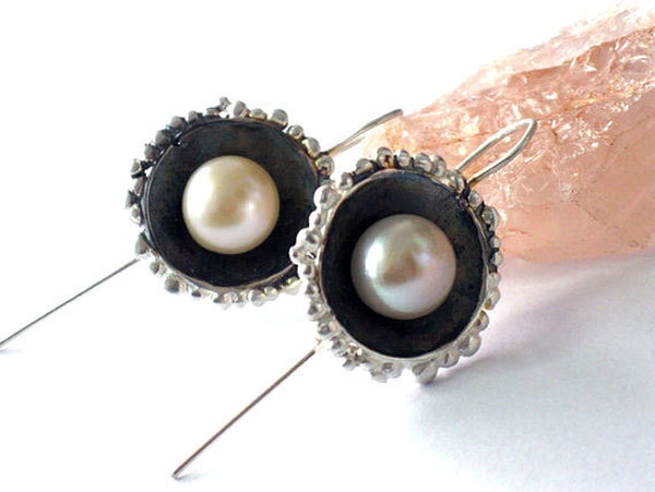 Statement Pearl Silver Dangle Earrings