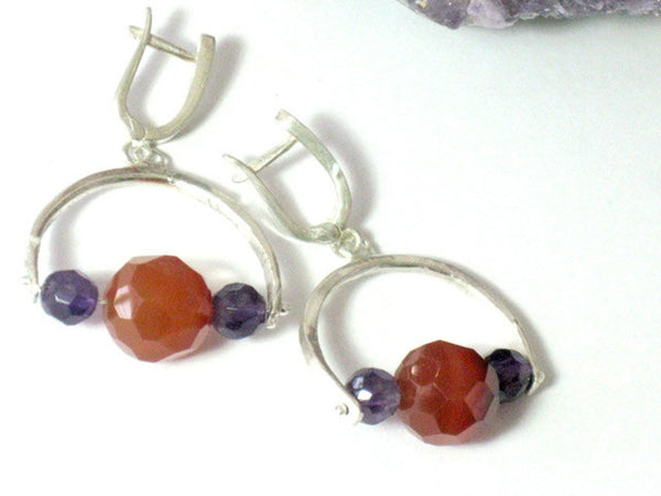 Silver Carnelian and Amethyst Dangle Earrings