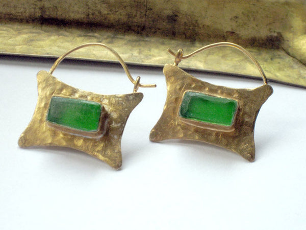 Emerald Green Glass Gold Hoop Earrings