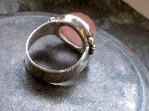 Silver Gold Cherry Quartz Stone Ring.
