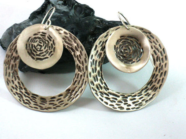 Large Round Sterling Textured Dangle Loop Earrings