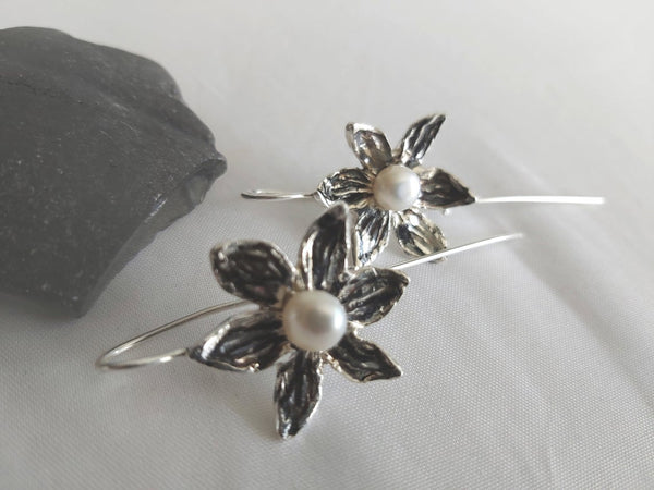 Flower Silver Pearl Dangle Earrings