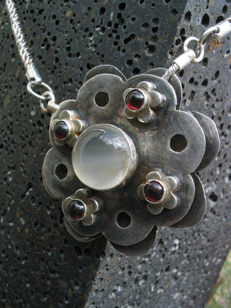 Statement Silver Moonstone and Garnet Pendant