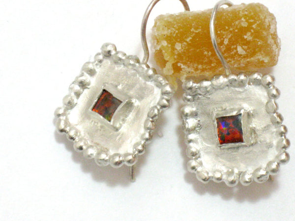 Square Silver Opal Dangle Earrings