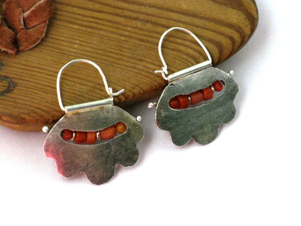 Natural Coral Hammered Silver Earring Hoops.