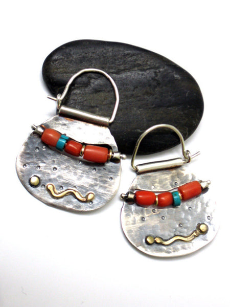 Modern Tribal Silver Gold Coral Hoops