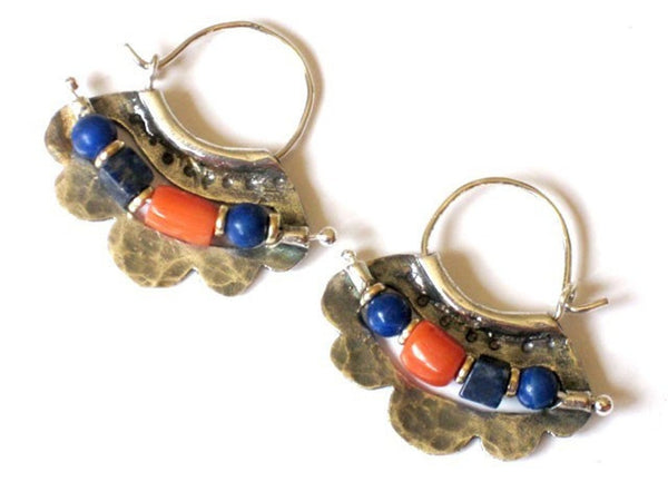 Beaded Sterling Hoops with Lapis Lazuli and Corals.