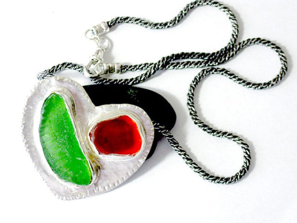 Silver Colorful Glass Statement Heart Necklace