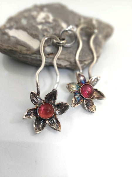 Long Flower earrings, Silver Flower Earrings, Boho Bohemian Dangle, Sleek Earrings, Handmade Tourmaline Jewelry, Designer Earrings