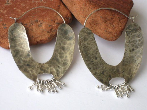 Large Silver Hammered Hoop Earrings