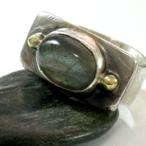 Two Tones Labradorite Silver Gold Ring