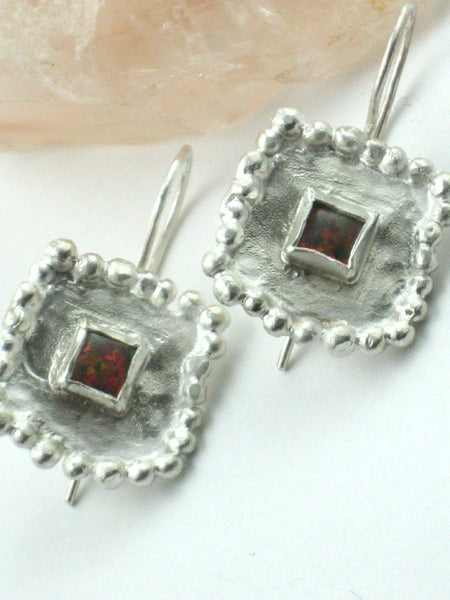 Square Silver Opal Dangle Earrings