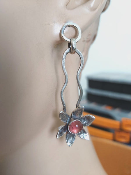 Long Flower earrings, Silver Flower Earrings, Boho Bohemian Dangle, Sleek Earrings, Handmade Tourmaline Jewelry, Designer Earrings