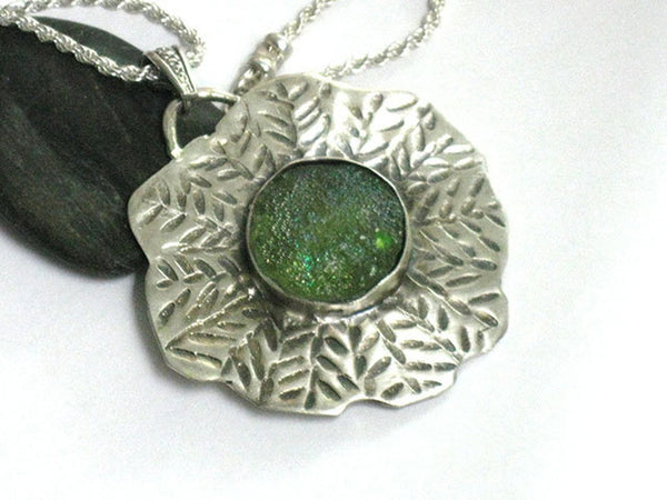 Ancient Roman Glass Silver Pendant Chain Necklace