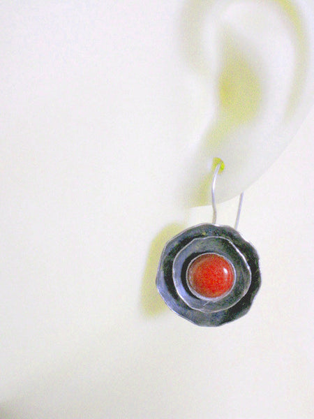 Round Hammered Coral Silver Earrings.