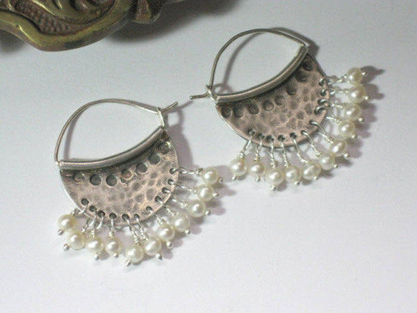 Pearl Sterling Hammered Hoop Earrings