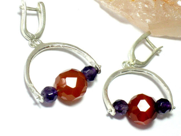 Silver Carnelian and Amethyst Dangle Earrings