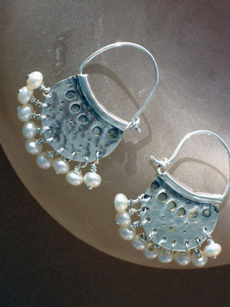 Pearl Sterling Hammered Hoop Earrings