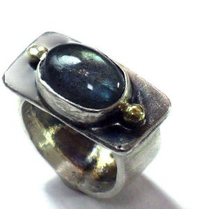 Two Tones Labradorite Silver Gold Ring