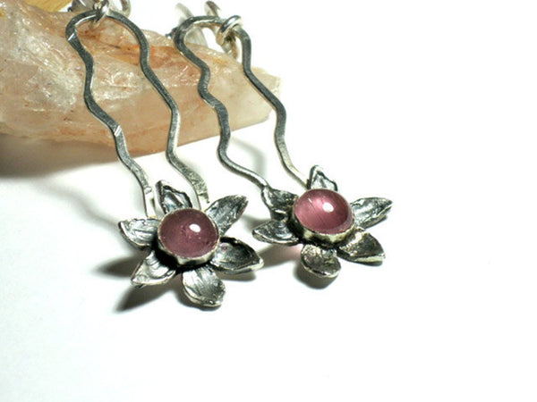 Long Flower earrings, Silver Flower Earrings, Boho Bohemian Dangle, Sleek Earrings, Handmade Tourmaline Jewelry, Designer Earrings